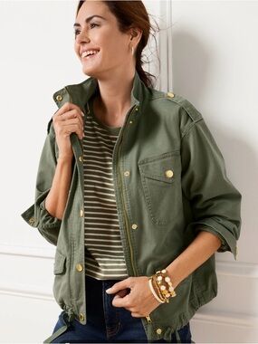 Talbots Olive Green Crop Utility Field Jacket with Gold-Tone Hardware Roomy Fit
